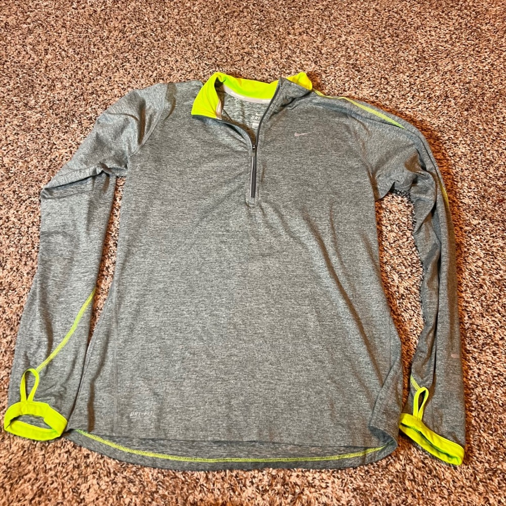Nike‎ Running Pullover Top Thumb Holes Dri-Fit Athletic Gray Neon Green M